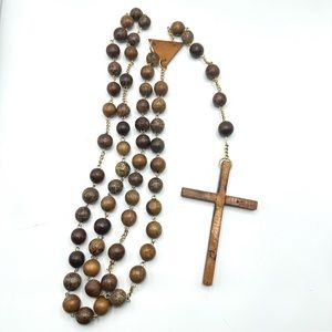 Vintage Large Oversized Wood Wall Rosary Crucifix 54" Primitive Catholic Decor